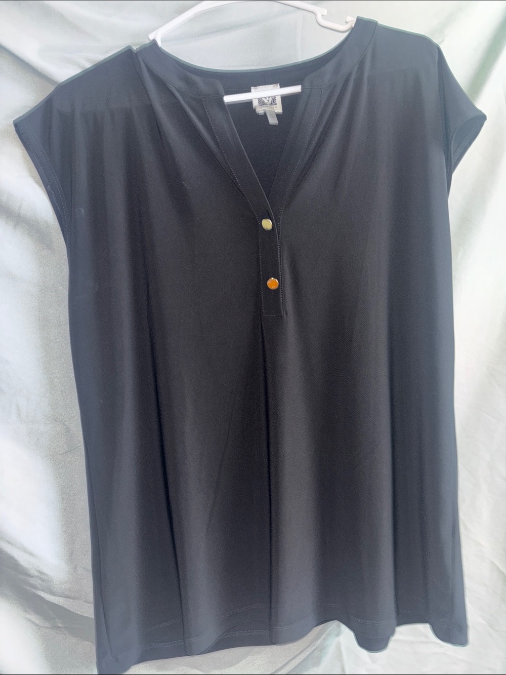 Anne Klein Black Short Sleeve Henley Top with Decorative Buttons